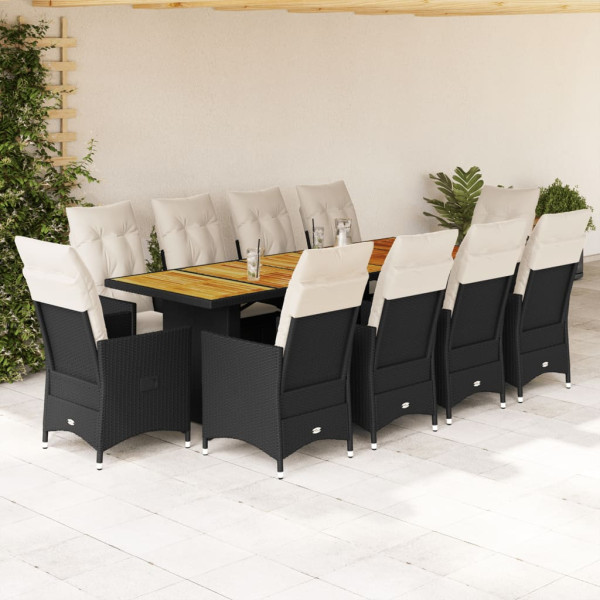 Set de mesa y sillas de jardín y cojines 11 pzas ratán PE negro