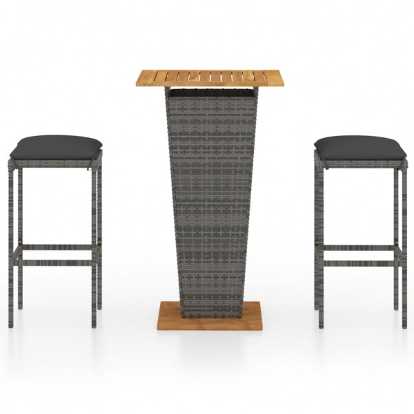 Set de muebles de bar de jardín 3 pzas y cojines ratán PE gris
