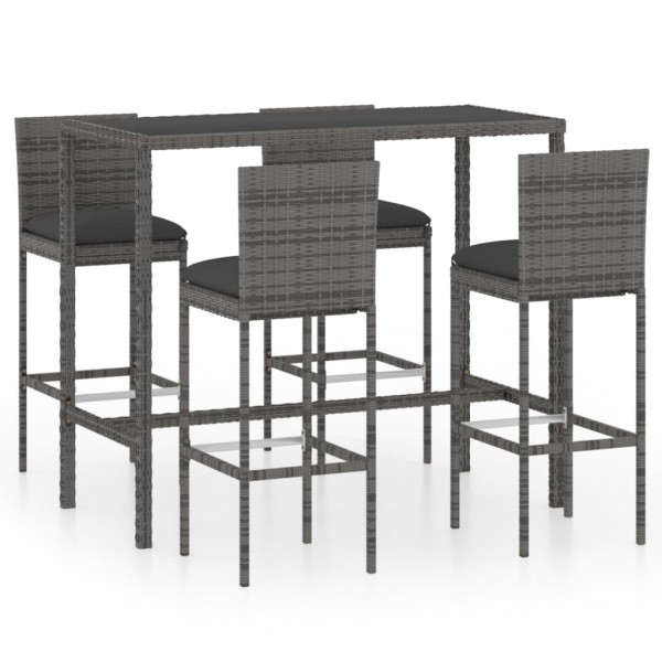 Set de muebles de bar de jardín 5 pzas y cojines ratán PE gris
