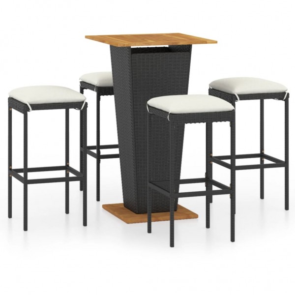 Set de muebles de bar de jardín 5 pzas y cojines ratán PE negro