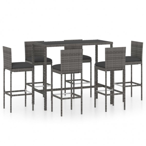 Set de muebles de bar de jardín 7 pzas y cojines ratán PE gris