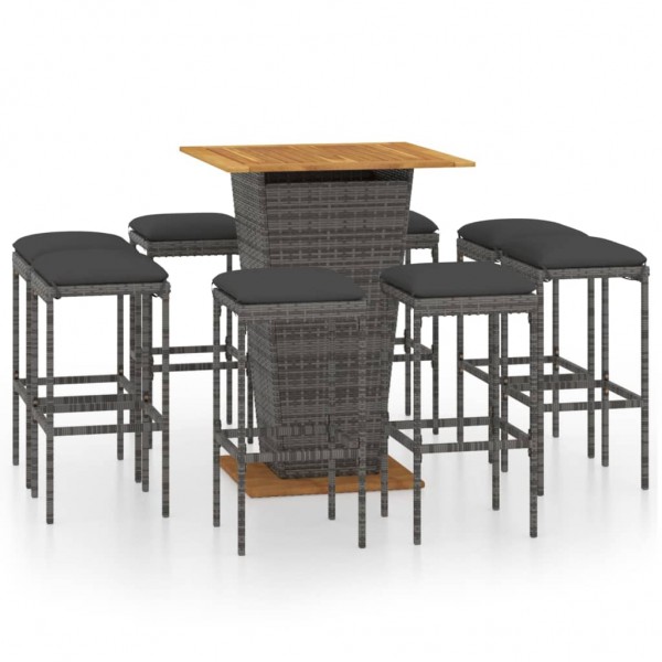 Set de muebles de bar de jardín 9 pzas y cojines ratán PE gris