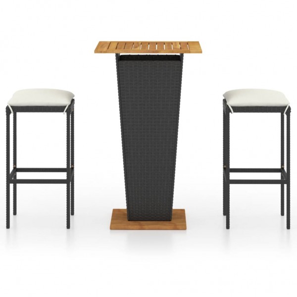 Set de muebles de bar jardín 3 piezas y cojines ratán PE negro