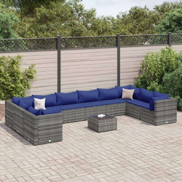 Set de muebles de jardín 11 pzas y cojines ratán sintético gris