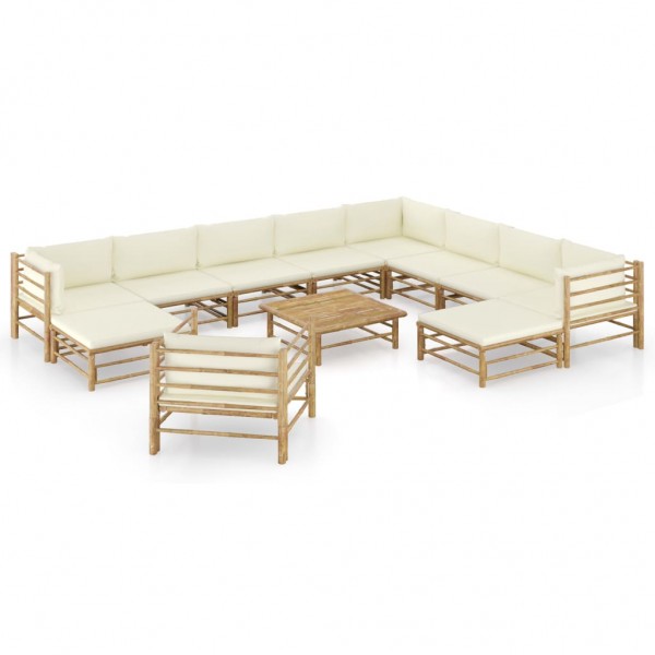 Set de muebles de jardín 12 piezas bambú y cojines blanco crema