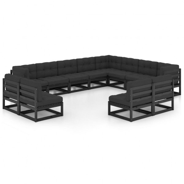 Set de muebles de jardín 12 pzas con cojines madera pino negro