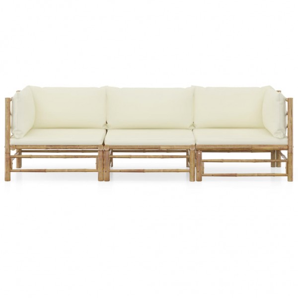 Set de muebles de jardín 3 piezas bambú y cojines blanco crema