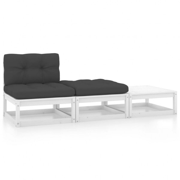 Set de muebles de jardín 3 pzas con cojines madera pino blanco