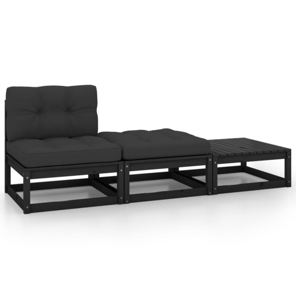 Set de muebles de jardín 3 pzas con cojines madera pino negro