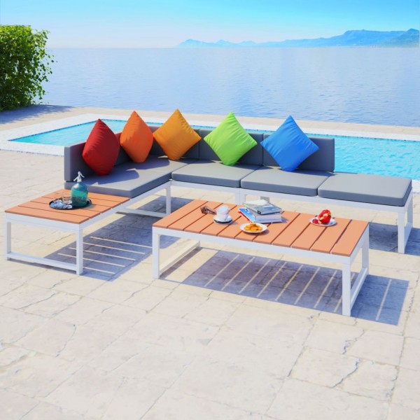 Set de muebles de jardín 4 piezas y cojines aluminio y WPC