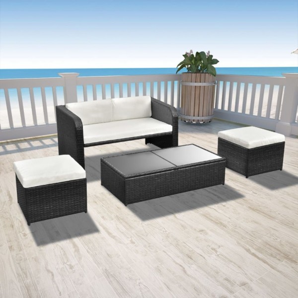 Set de muebles de jardín 4 pzas y cojines ratán sintético negro
