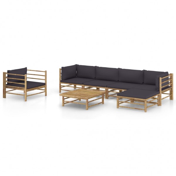 Set de muebles de jardín 7 piezas bambú con cojines gris oscuro