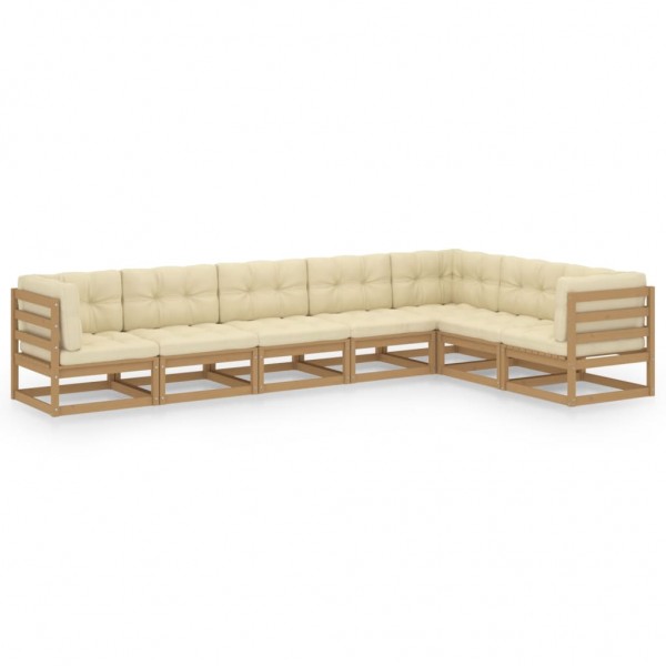 Set de muebles de jardín 7 pzs cojines madera pino marrón miel