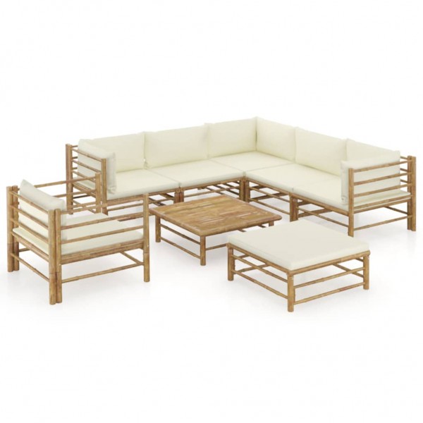 Set de muebles de jardín 8 piezas bambú y cojines blanco crema