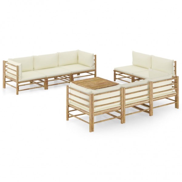 Set de muebles de jardín 9 piezas bambú y cojines blanco crema