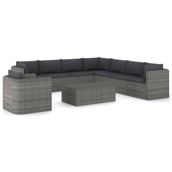 Set de muebles de jardín 9 pzas ratán sintético y cojines gris