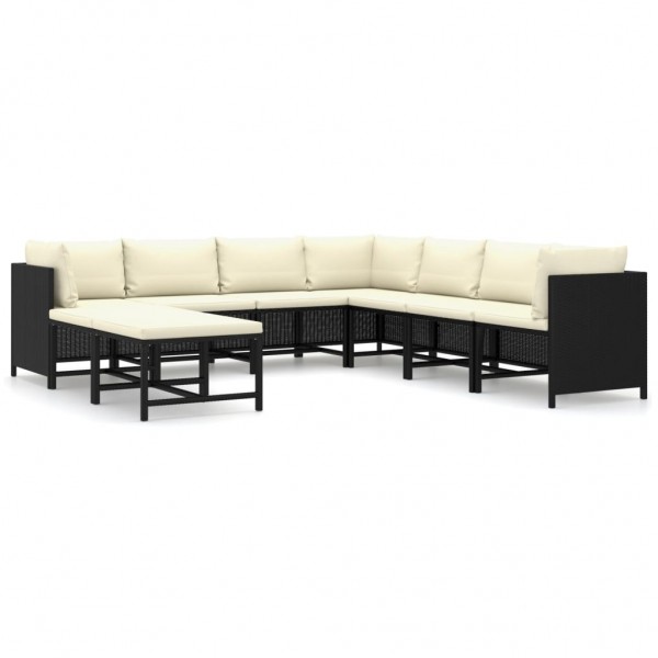 Set de muebles de jardín 9 pzas y cojines ratán sintético negro