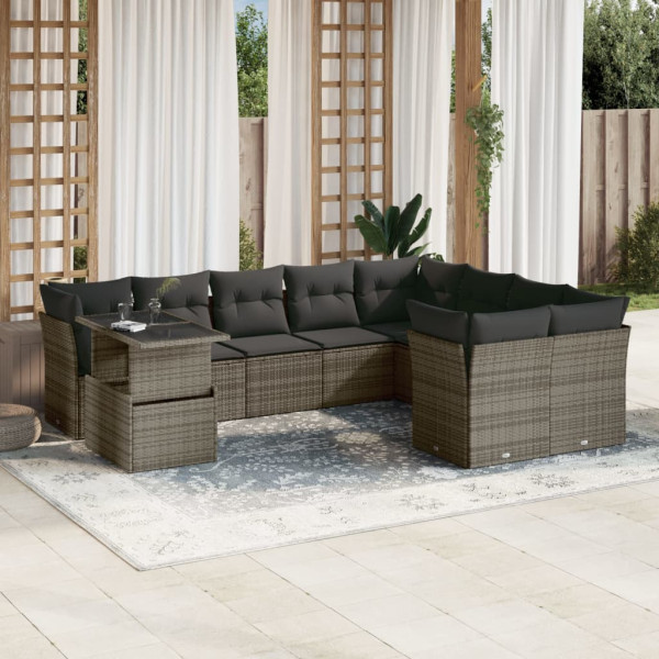 Set de sofás de jardín 10 pzas con cojines ratán sintético gris