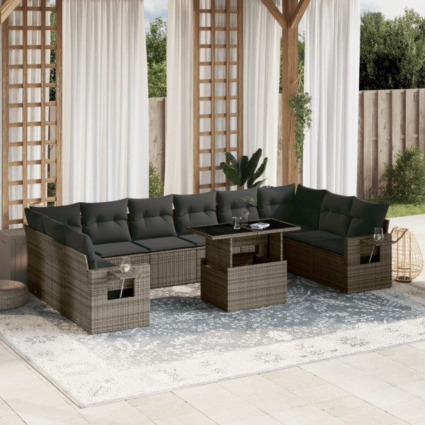 Set de sofás de jardín 11 pzas y cojines ratán sintético gris