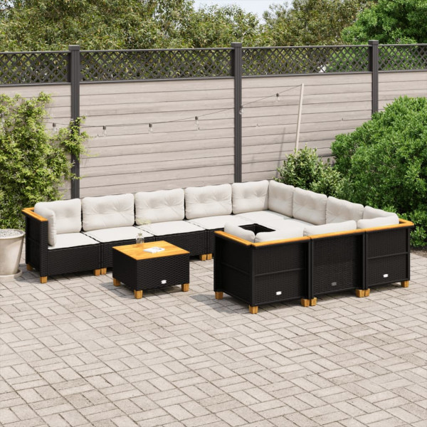 Set de sofás de jardín 11 pzas y cojines ratán sintético negro