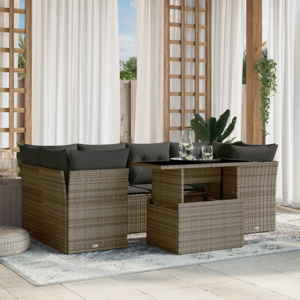 Set de sofás de jardín 7 pzas con cojines ratán sintético gris