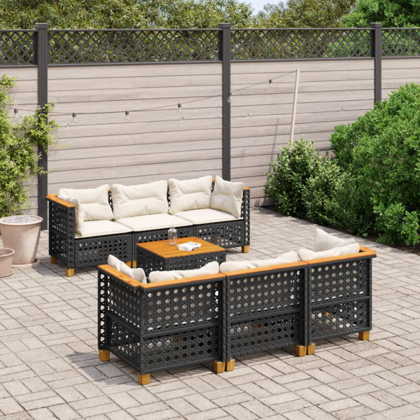Set de sofás de jardín 7 pzas con cojines ratán sintético negro