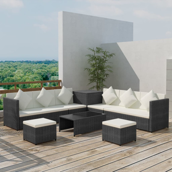 Set de sofás de jardín 8 piezas y cojines ratán sintético negro