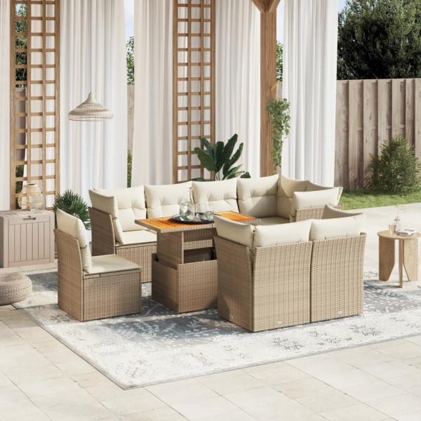 Set de sofás de jardín 9 pzas con cojines ratán sintético beige