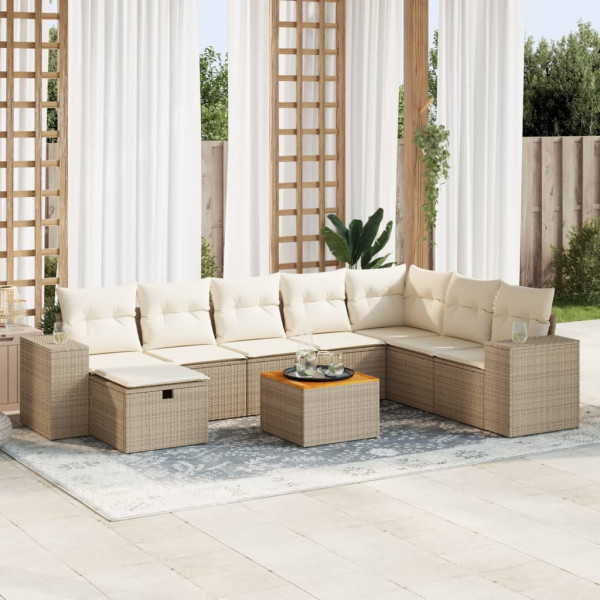 Set de sofás de jardín con cojines 9 pzas ratán sintético beige
