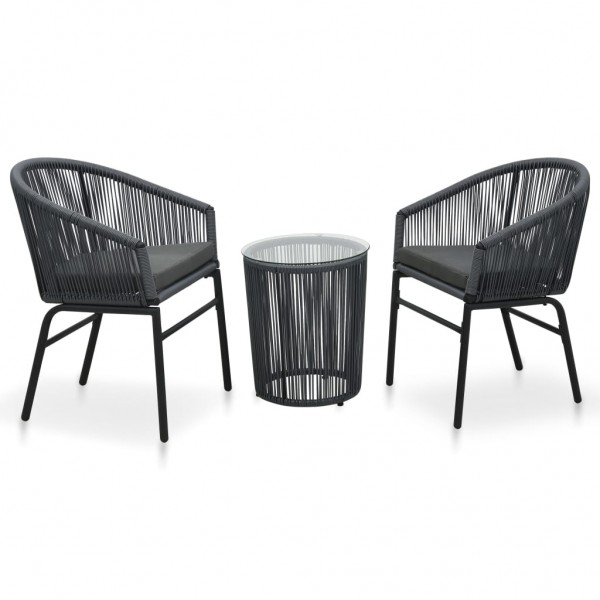 Set mesa y sillas de jardín 3 pzas y cojines ratán PE gris