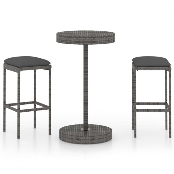 Set muebles bar jardín 3 piezas y cojines ratán sintético gris