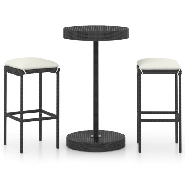 Set muebles bar jardín 3 piezas y cojines ratán sintético negro