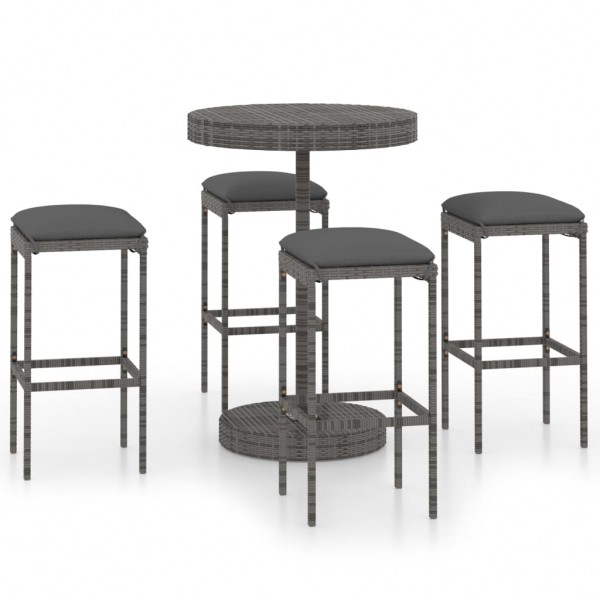 Set muebles bar jardín 5 piezas y cojines ratán sintético gris