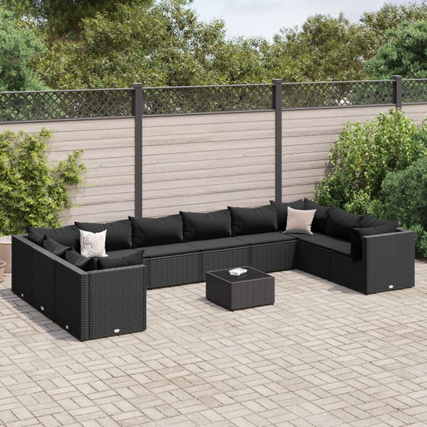 Set muebles de jardín 11 pzas y cojines ratán sintético negro