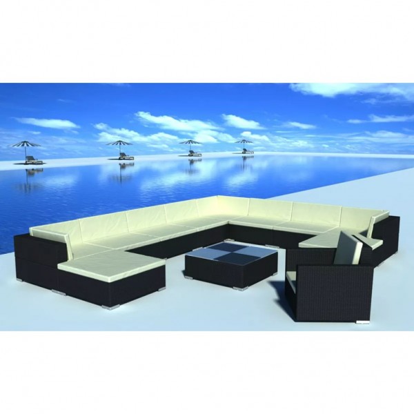 Set muebles de jardín 12 pzas y cojines ratán sintético negro