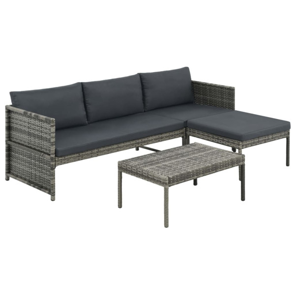 Set muebles de jardín 3 piezas con cojines ratán sintético gris