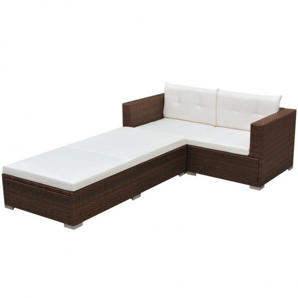 Set muebles de jardín 3 piezas y cojines ratán sintético marrón