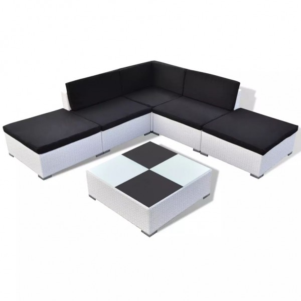 Set muebles de jardín 6 piezas y cojines ratán sintético blanco
