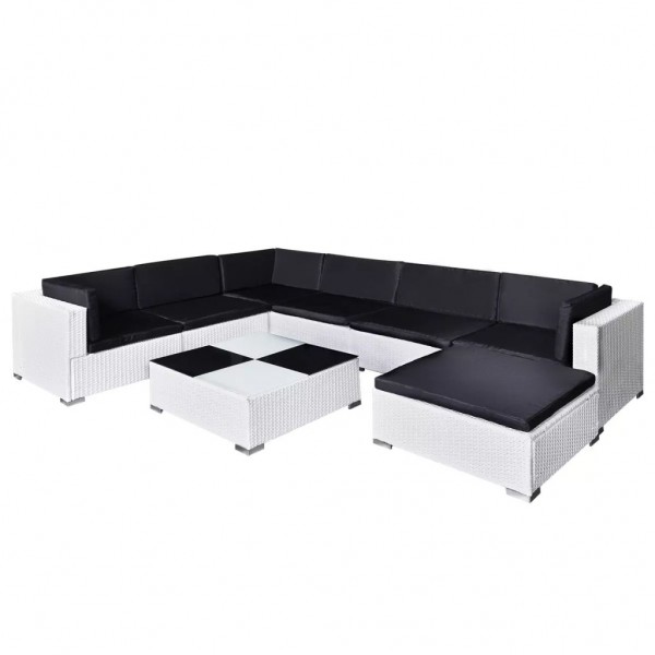 Set muebles de jardín 8 piezas y cojines ratán sintético blanco