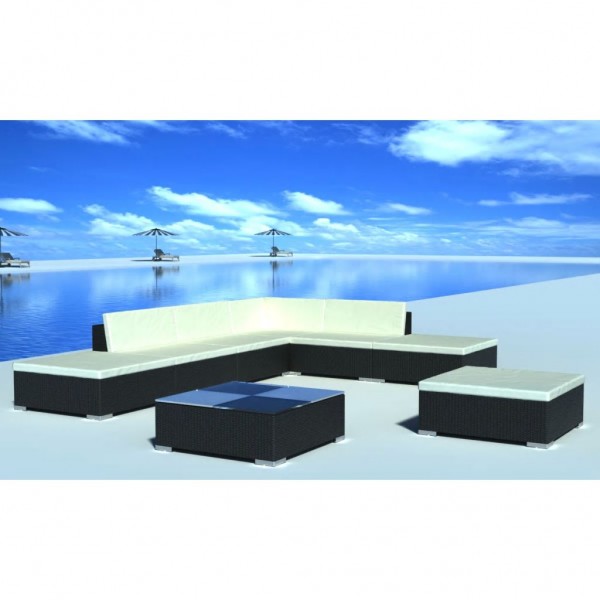 Set muebles de jardín 8 piezas y cojines ratán sintético negro