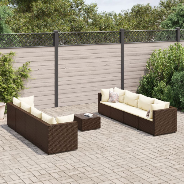 Set muebles de jardín 9 piezas y cojines ratán sintético marrón