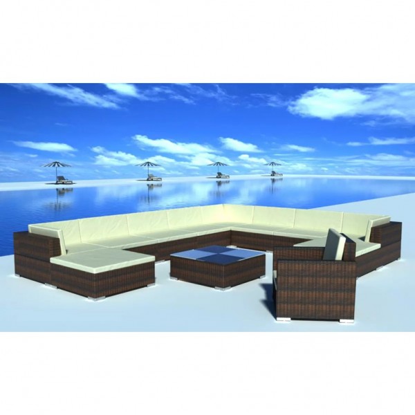 Set muebles de jardín y cojines 12 pzas ratán sintético marrón