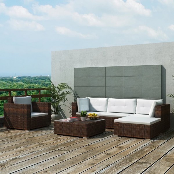 Set muebles de jardín y cojines 6 piezas ratán sintético marrón