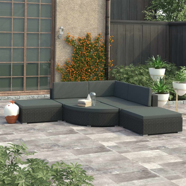 Set muebles de jardín y cojines 6 piezas ratán sintético negro
