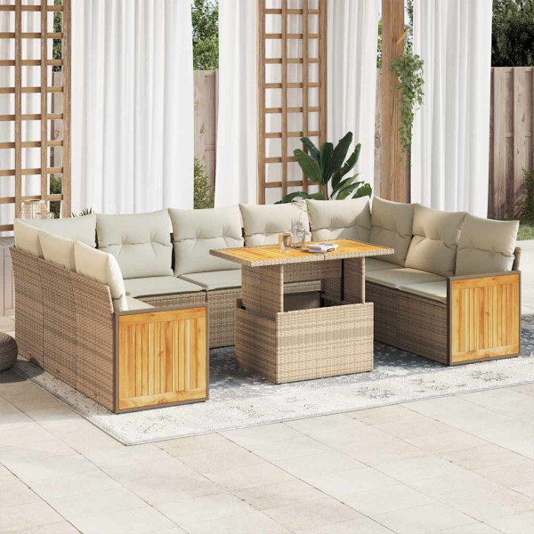 Set sofás jardín y cojines 10 pzas ratán sintético acacia beige