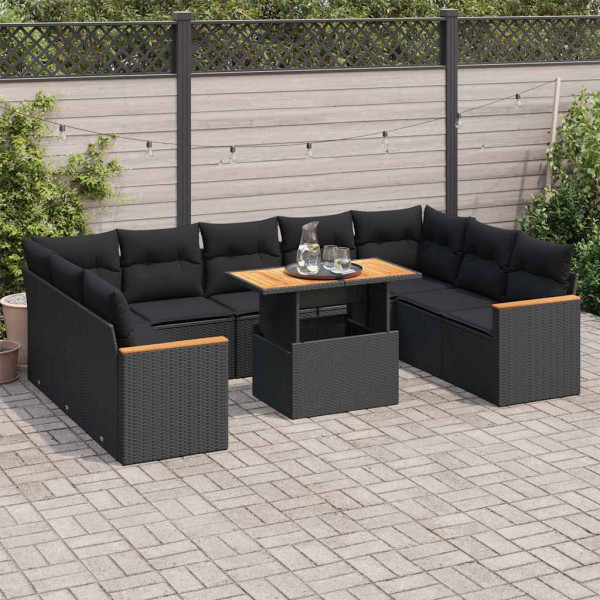 Set sofás jardín y cojines 10 pzas ratán sintético acacia negro