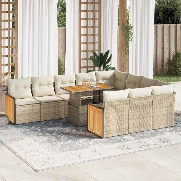 Set sofás jardín y cojines 11 pzas ratán sintético acacia beige
