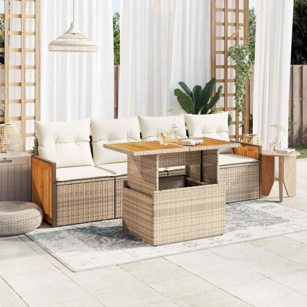 Set sofás jardín y cojines 5 pzas ratán sintético acacia beige