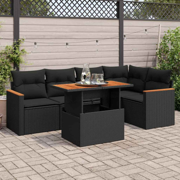 Set sofás jardín y cojines 5 pzas ratán sintético acacia negro