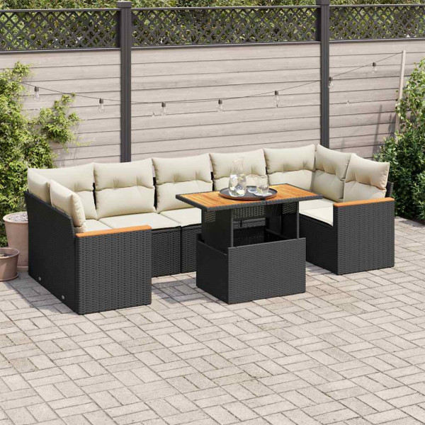 Set sofás jardín y cojines 7 pzas ratán sintético acacia negro